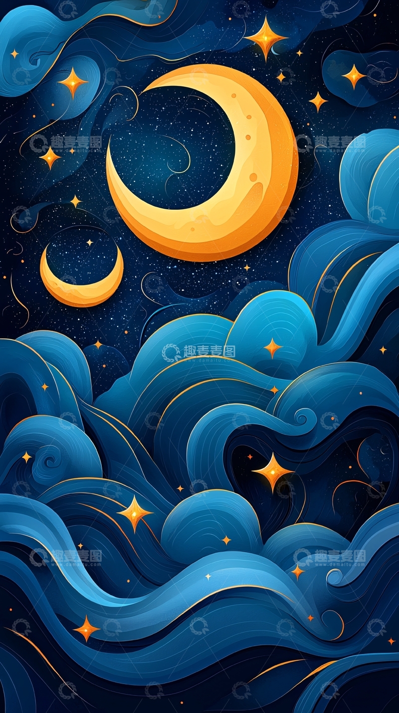 高清大图下载【趣麦麦图】梦幻夜空与弯月