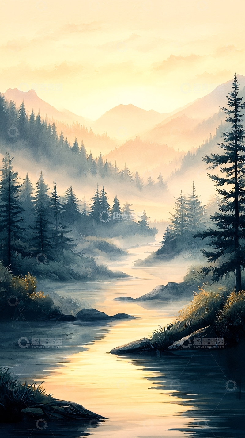 高清大图下载【趣麦麦图】晨雾中的森林河流