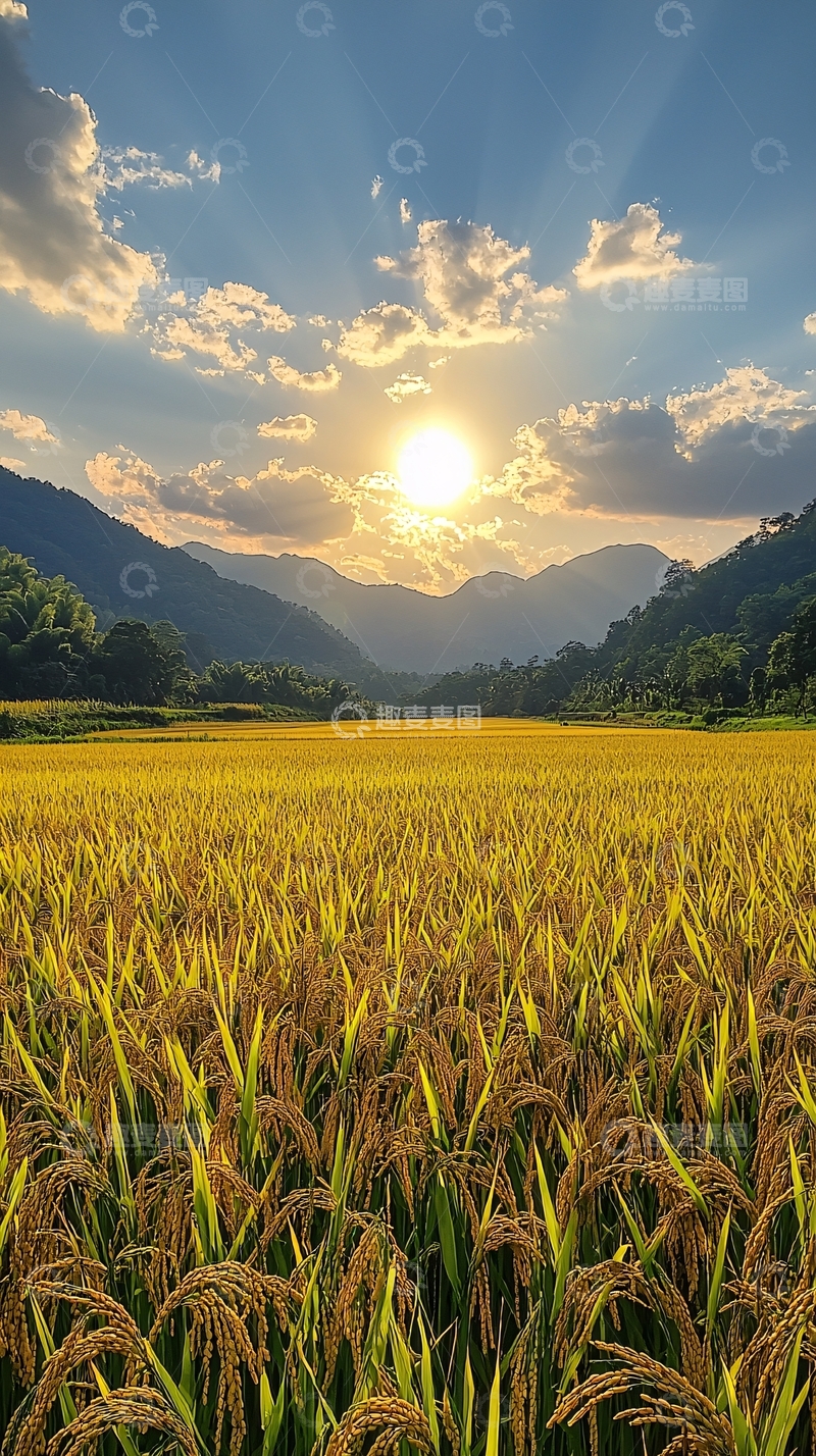 高清大图下载【趣麦麦图】金秋稻田夕阳美景