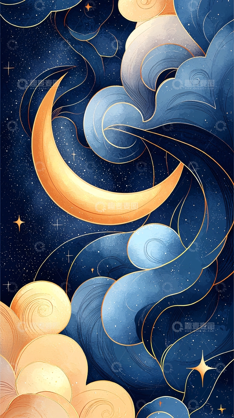 高清大图下载【趣麦麦图】梦幻夜空与弯月