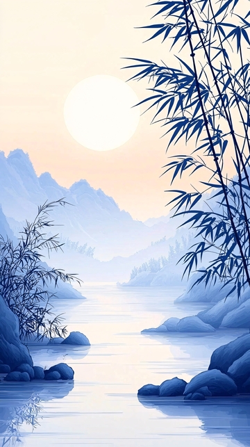 晨曦竹影山水图