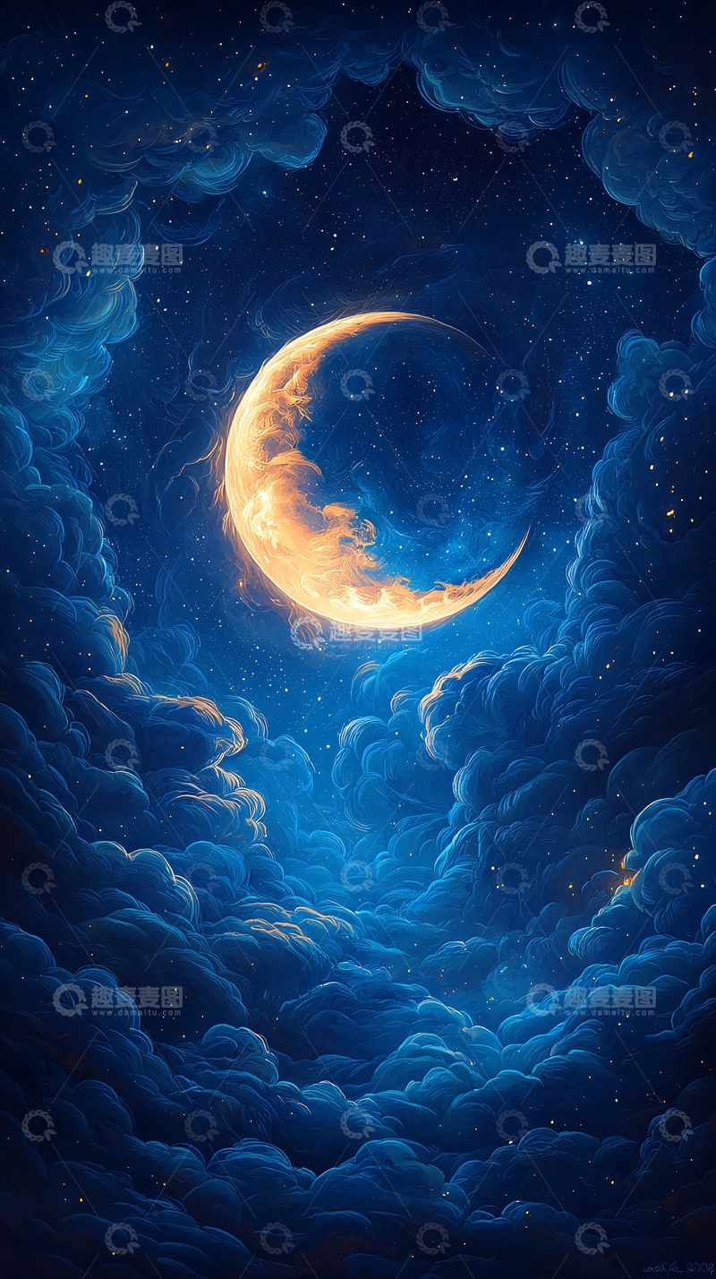 高清大图下载【趣麦麦图】夜空中的弯月与云层
