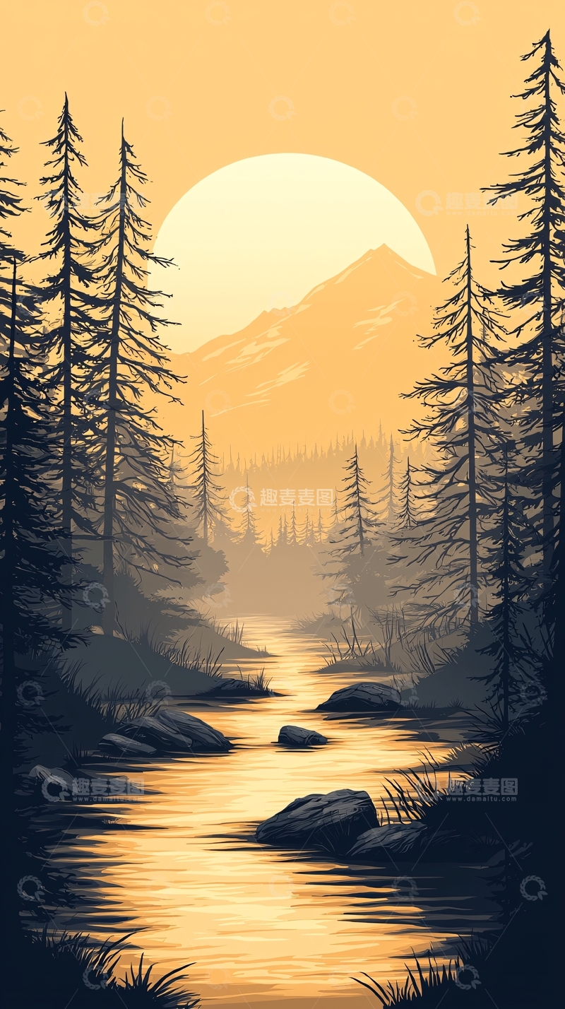 高清大图下载【趣麦麦图】夕阳下的森林小溪