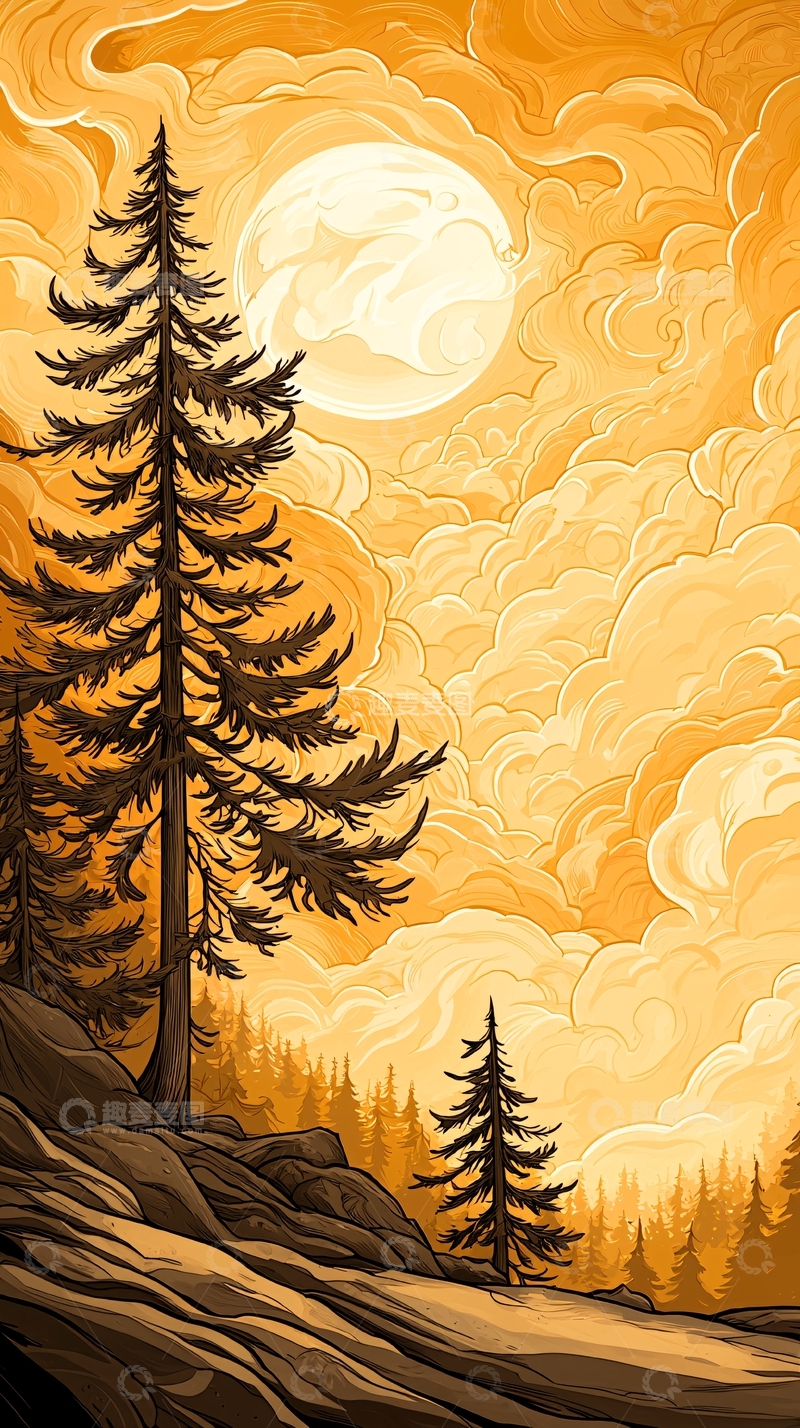 高清大图下载【趣麦麦图】秋夜森林月光下的松树