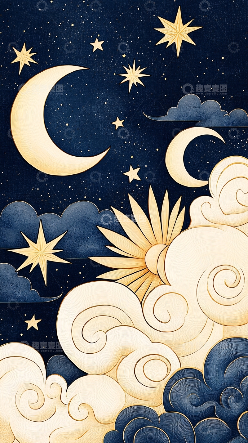 高清大图下载【趣麦麦图】梦幻夜空与星星月亮云朵