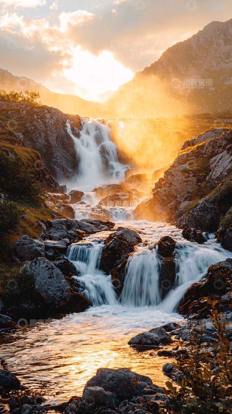高清大图下载【趣麦麦图】日落时分的瀑布美景