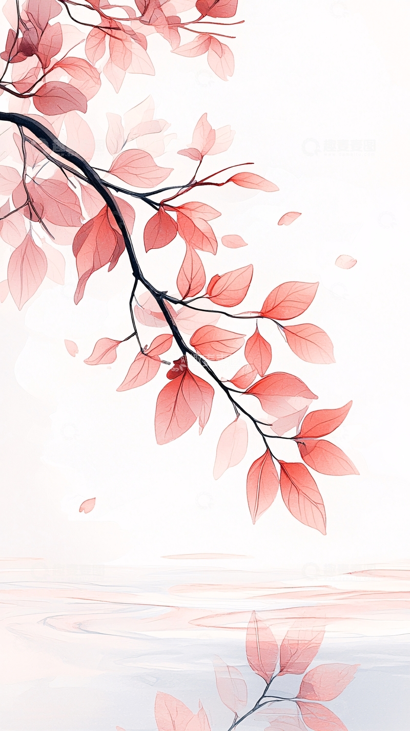 高清大图下载【趣麦麦图】秋日红叶静谧湖面