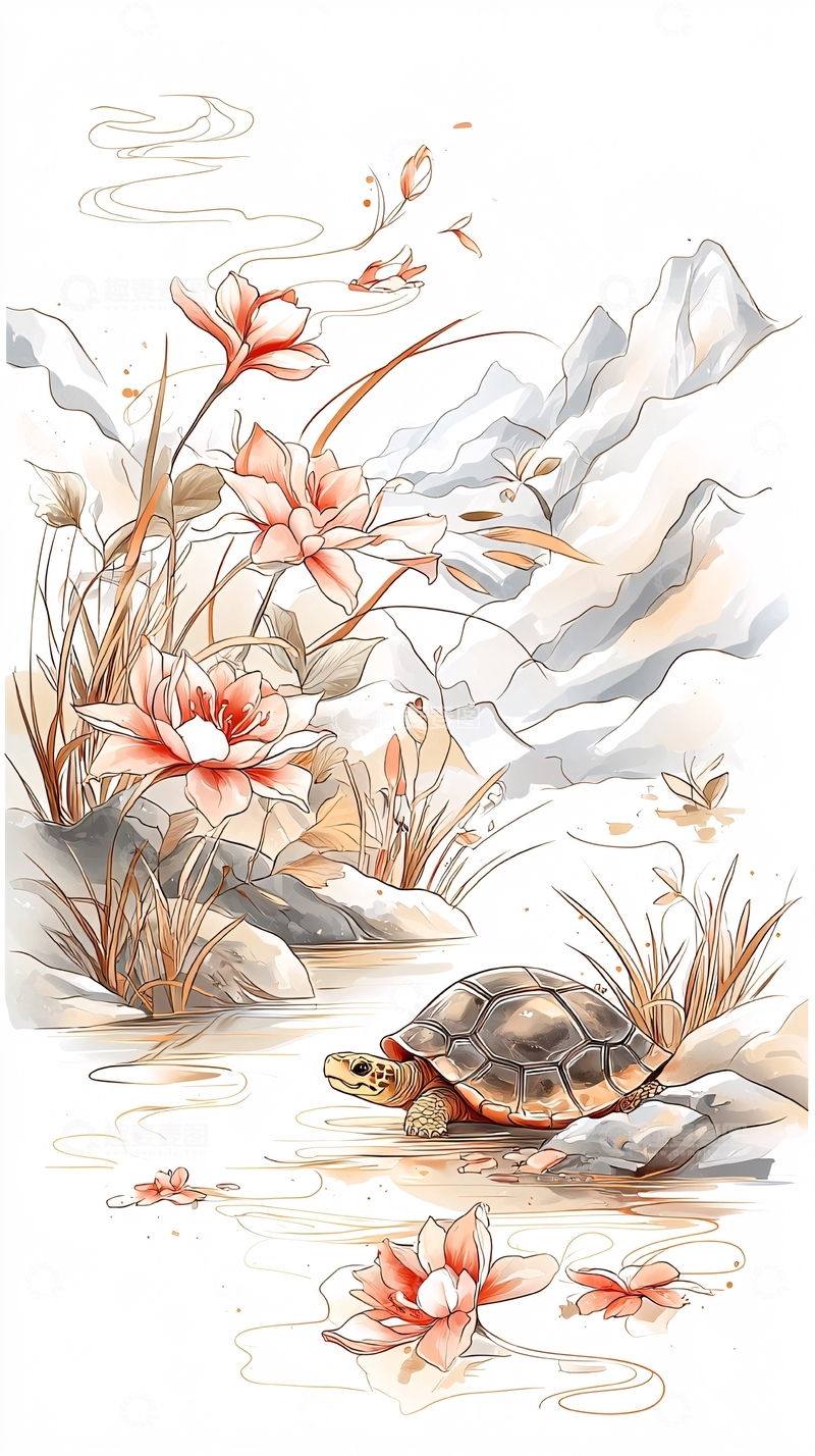 高清大图下载【趣麦麦图】-乌龟与莲花的自然风景