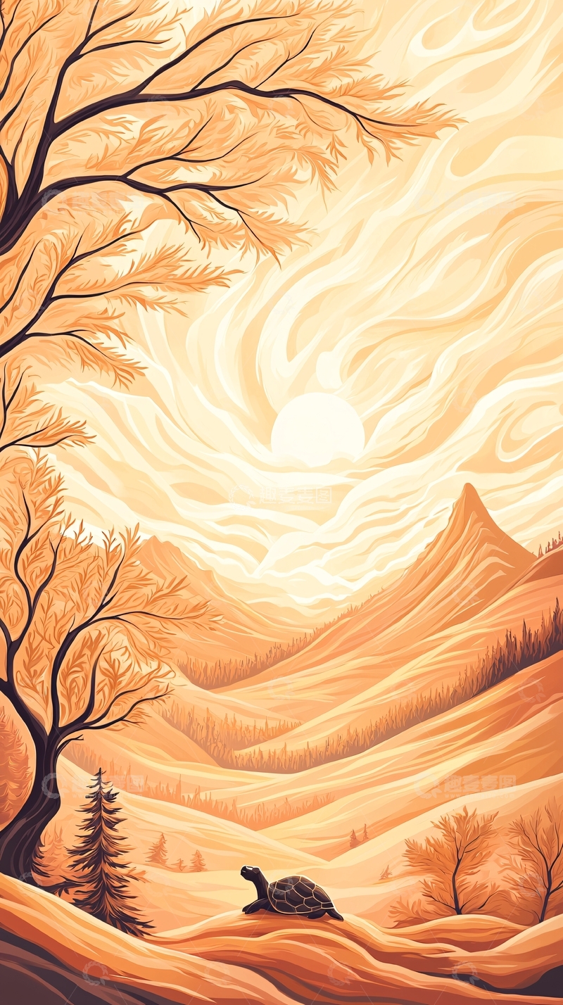 高清大图下载【趣麦麦图】-秋日山间乌龟行进图