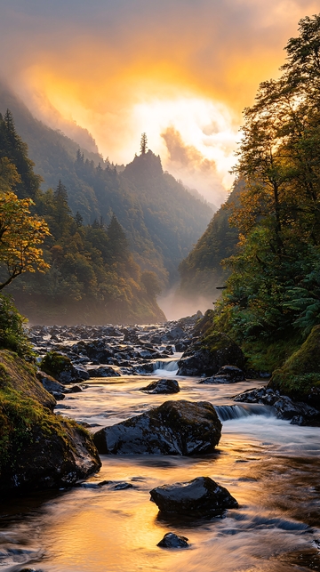 晨雾中的山谷河流