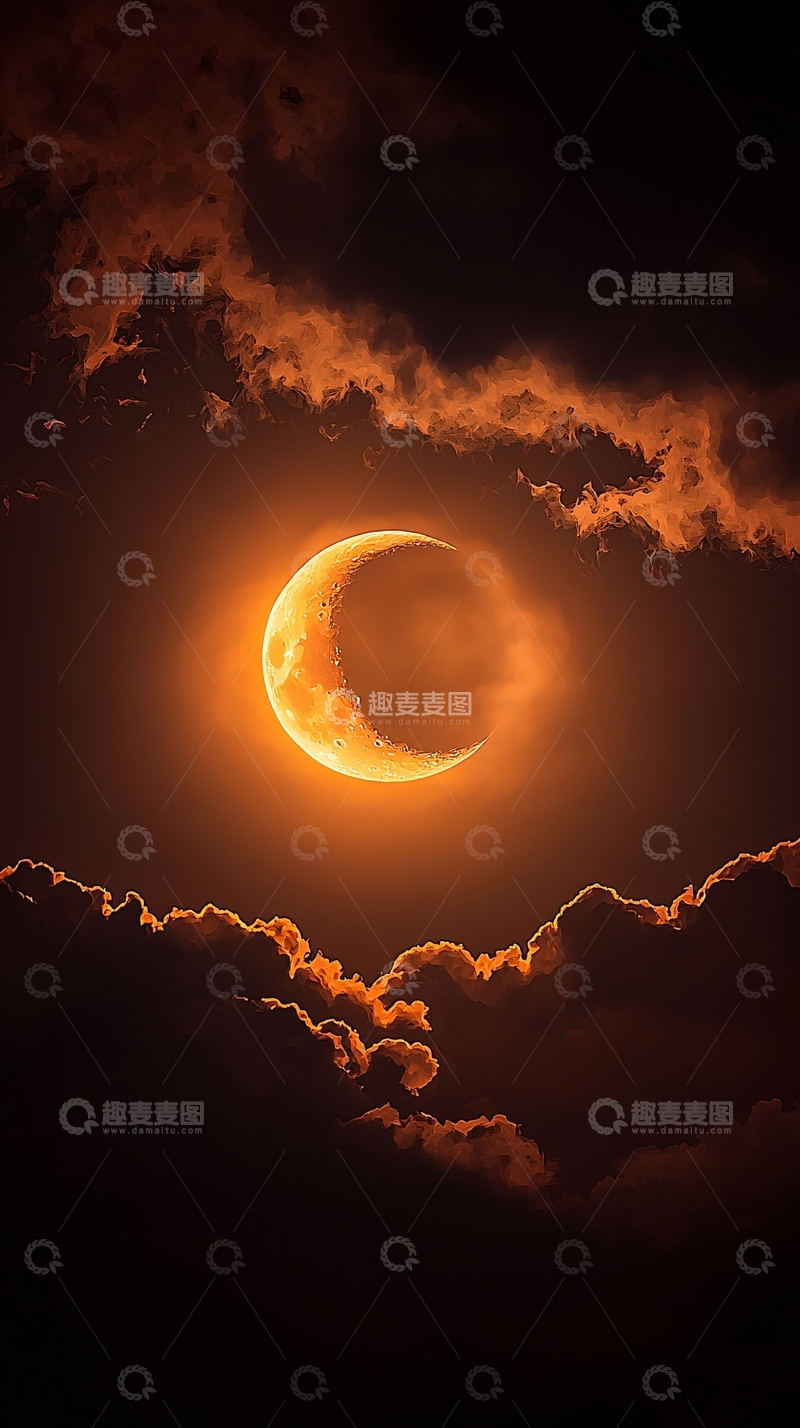 高清大图下载【趣麦麦图】橙色月牙夜空云彩