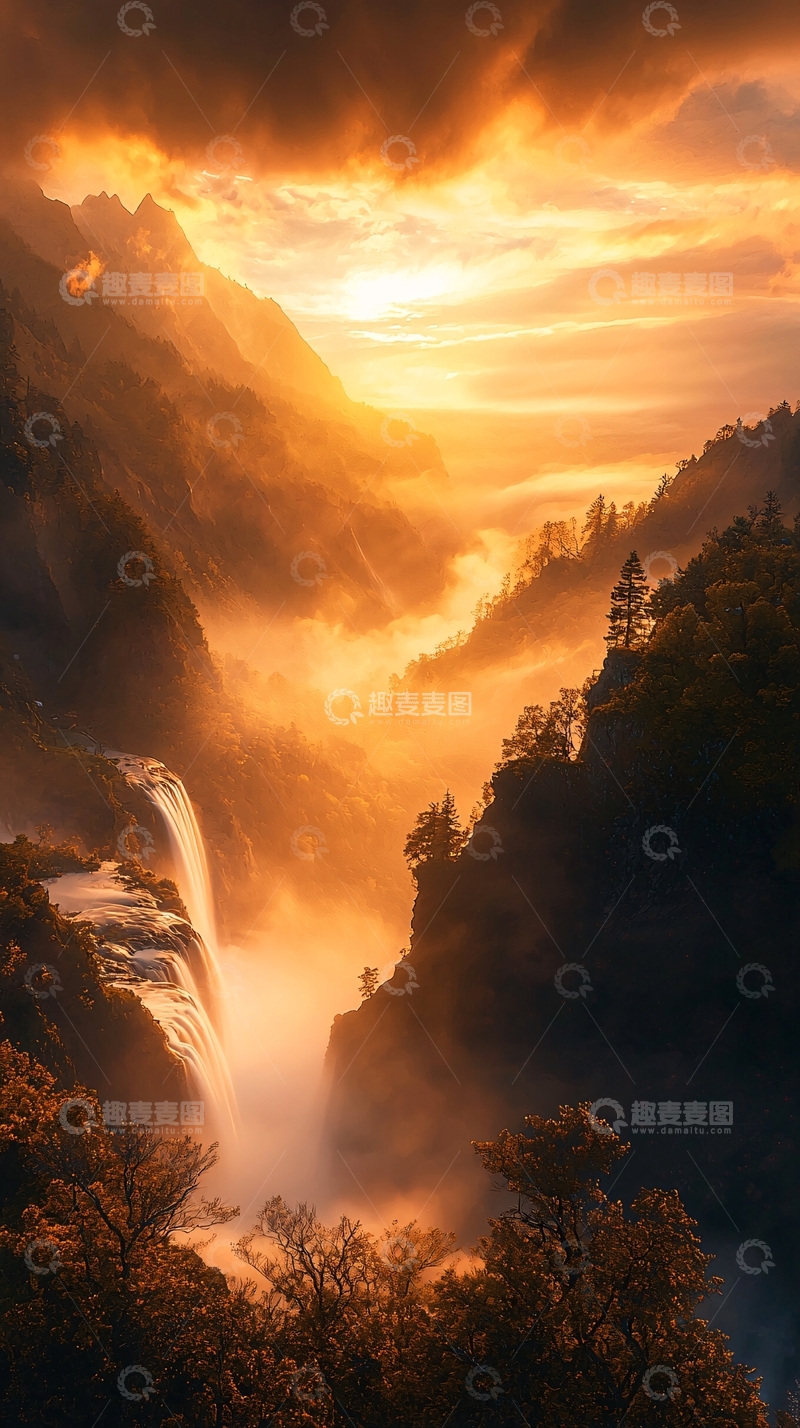 高清大图下载【趣麦麦图】日落山谷瀑布风景