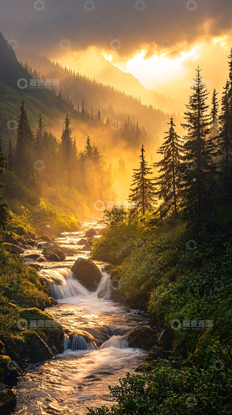 高清大图下载【趣麦麦图】晨光中的山间小溪
