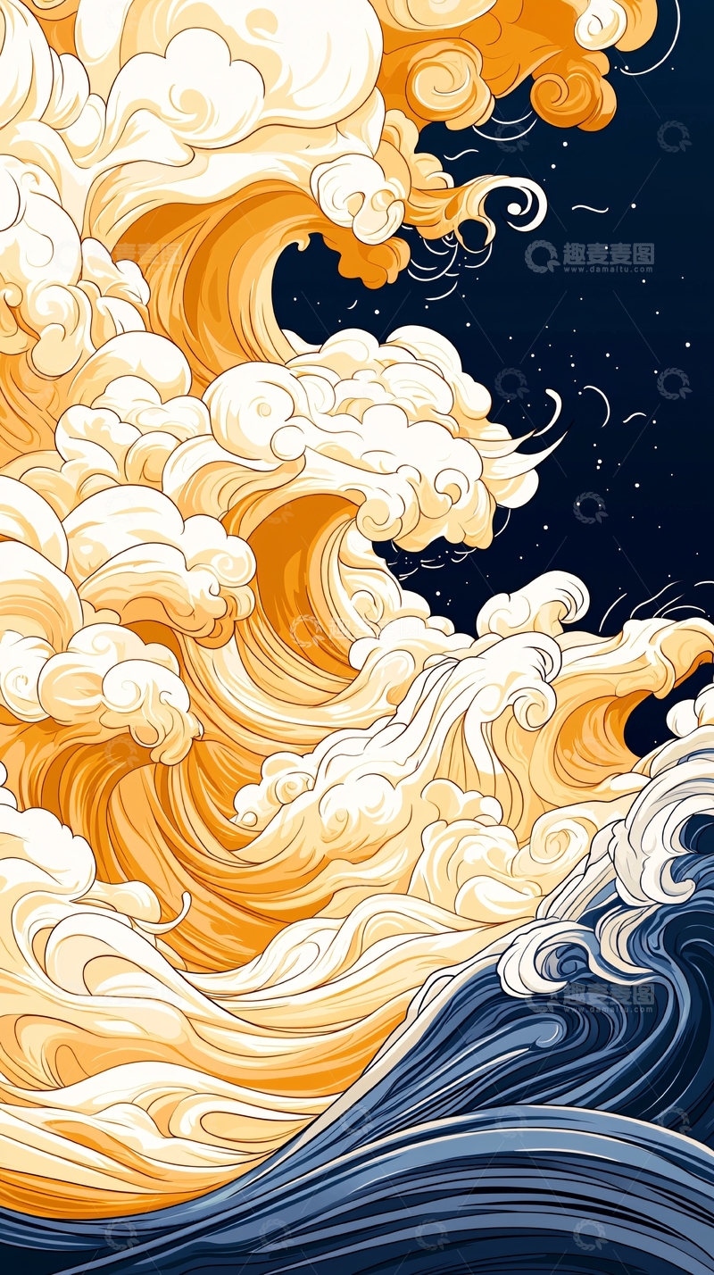 高清大图下载【趣麦麦图】金色波浪与夜空的梦幻插画