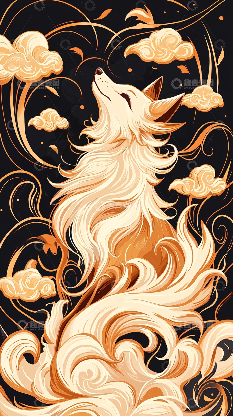 高清大图下载【趣麦麦图】金色狐狸与云朵的艺术插画