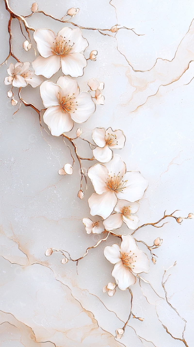 高清大图下载【趣麦麦图】金色大理石背景上的花朵插画