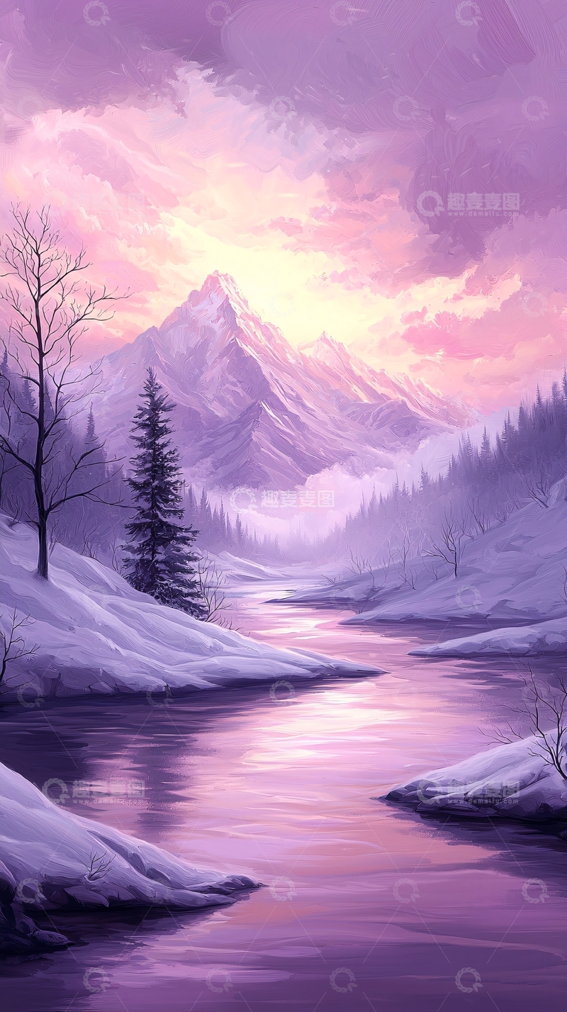 高清大图下载【趣麦麦图】冬日雪山静谧河流