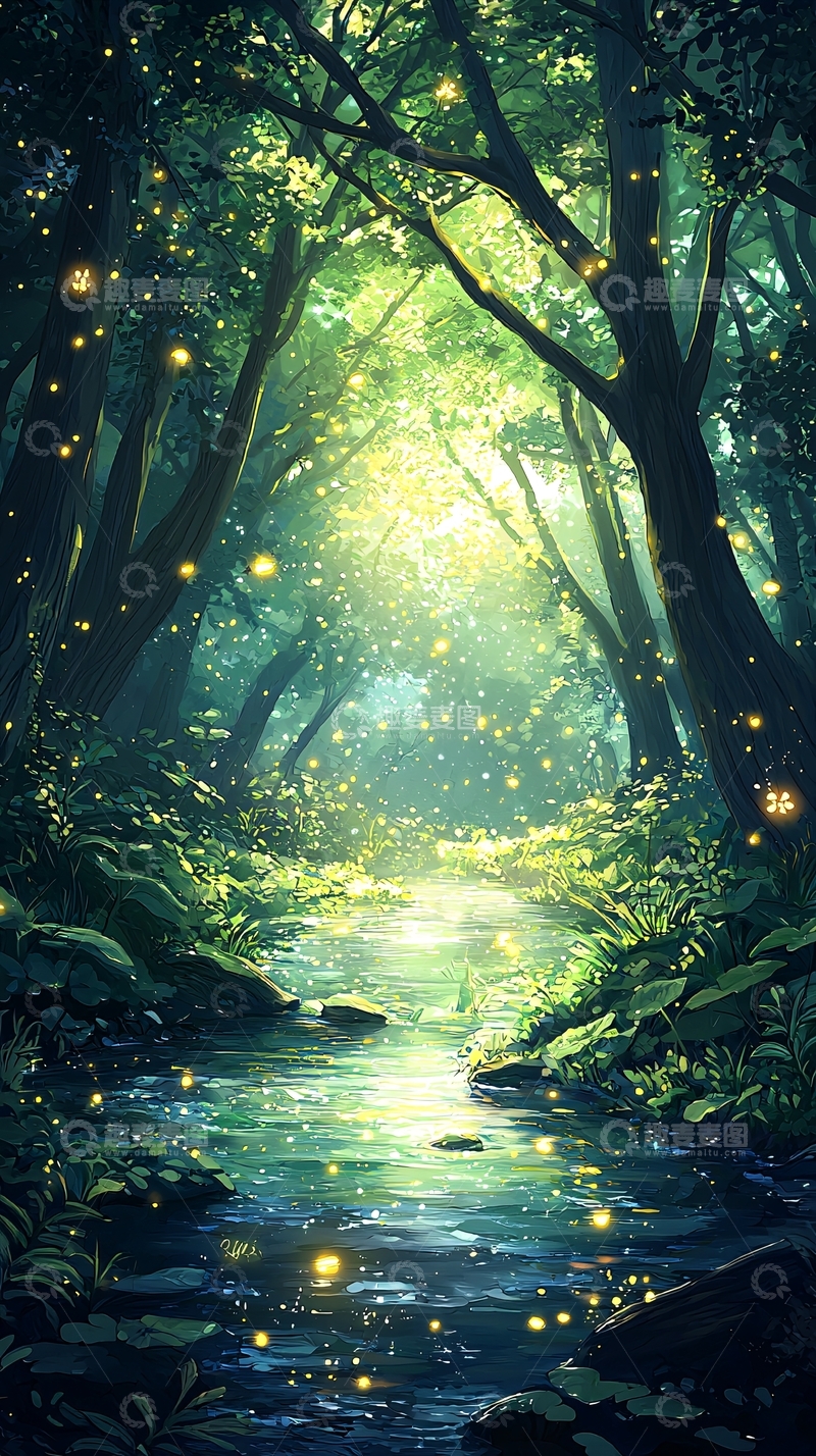 高清大图下载【趣麦麦图】梦幻森林萤火虫溪流