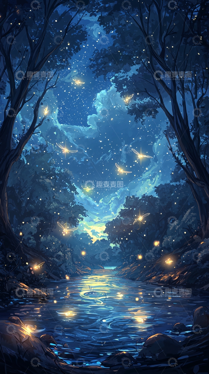 高清大图下载【趣麦麦图】夜晚森林萤火虫溪流