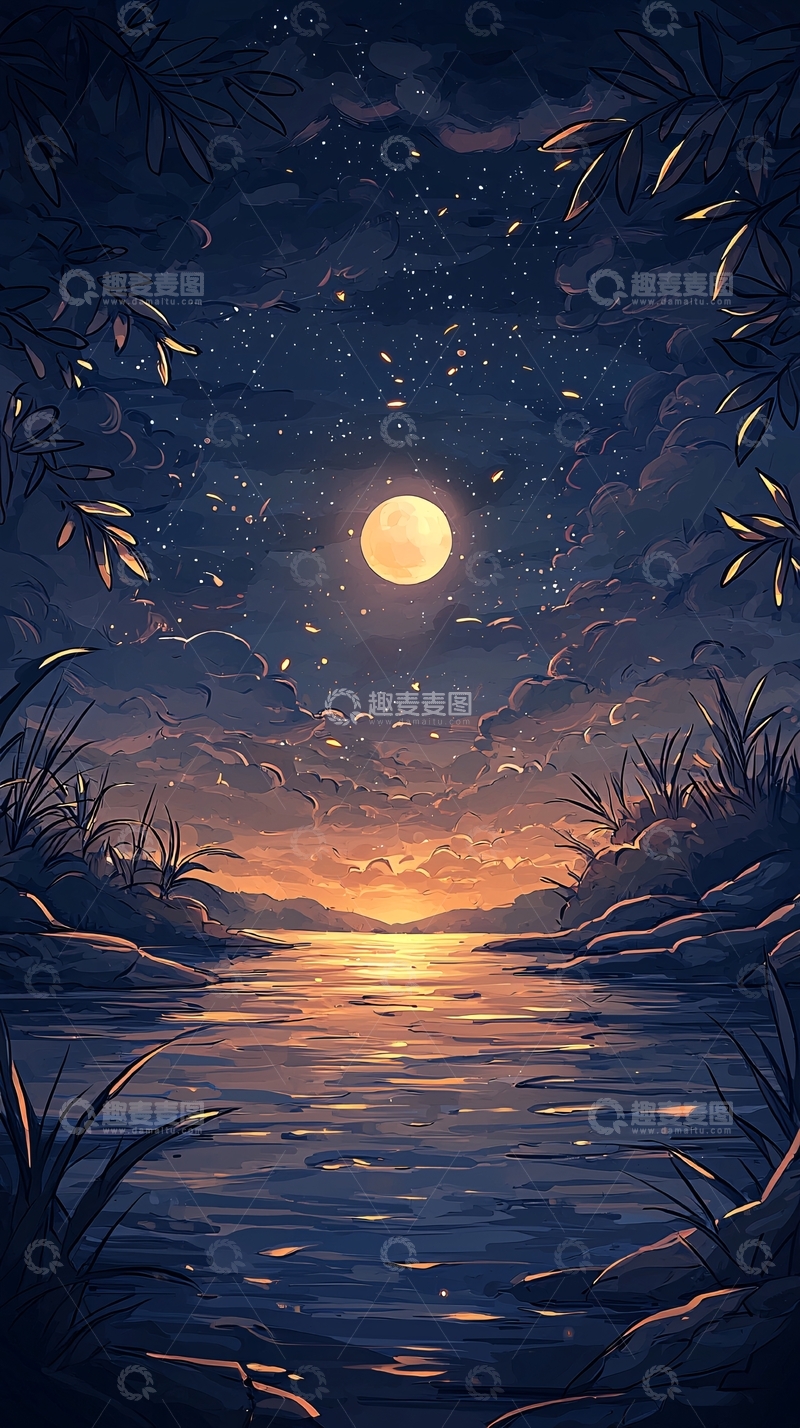高清大图下载【趣麦麦图】月光下的河流夜景