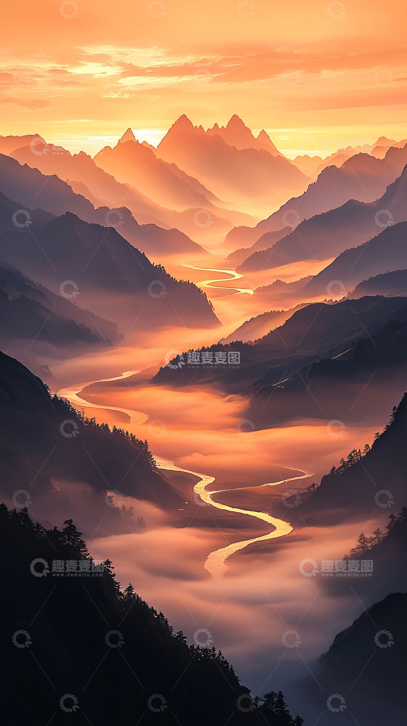 高清大图下载【趣麦麦图】晨雾中的蜿蜒河流与山脉