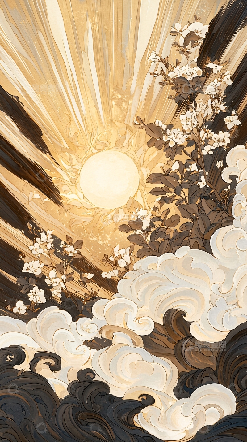 高清大图下载【趣麦麦图】日出云海花枝图