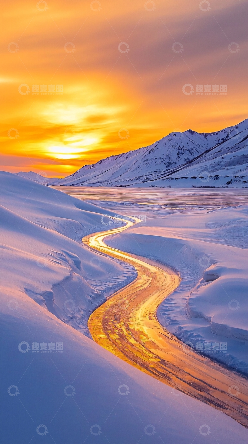 高清大图下载【趣麦麦图】雪地蜿蜒小路日落美景