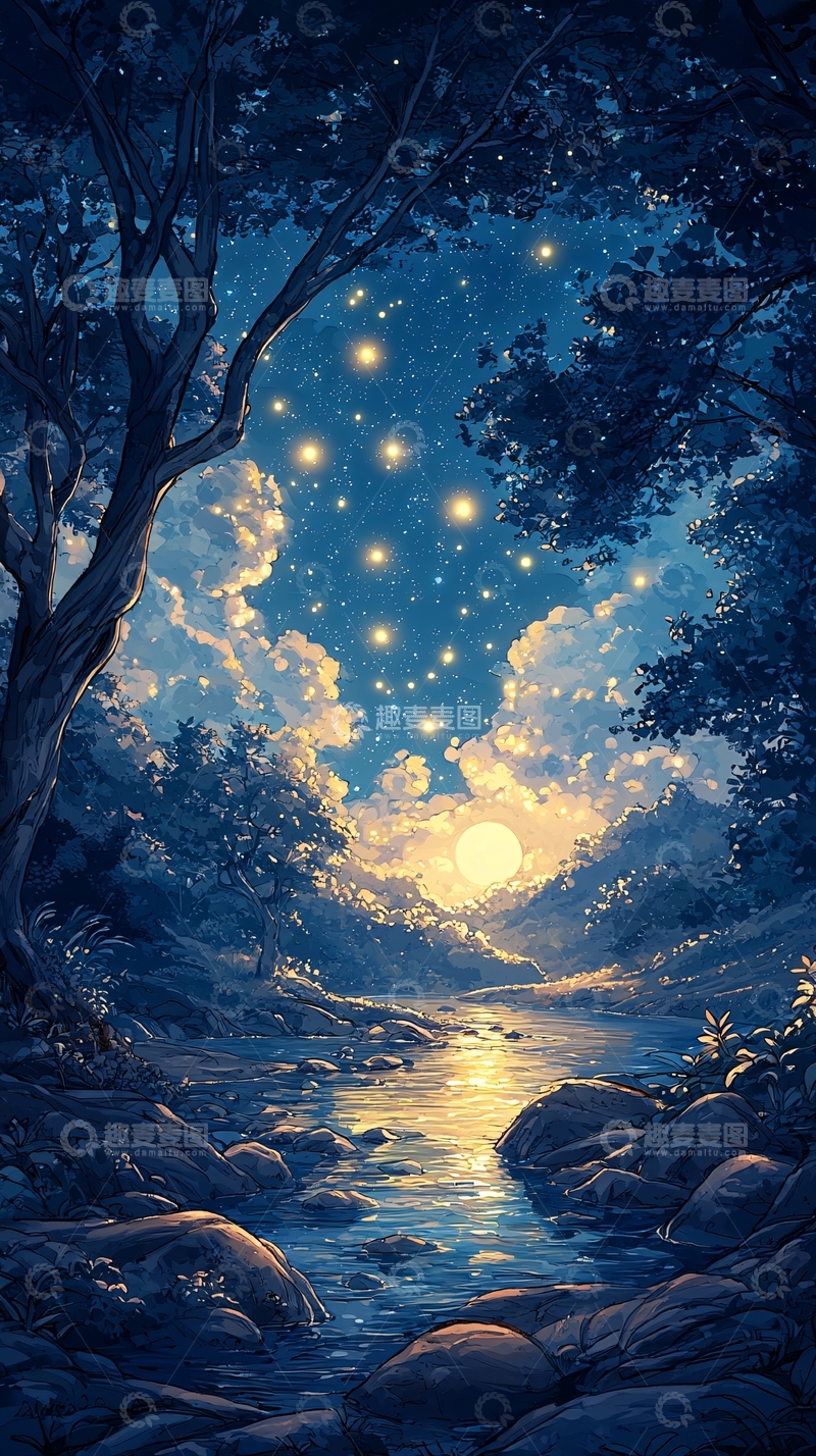高清大图下载【趣麦麦图】夜色中的河流与星空