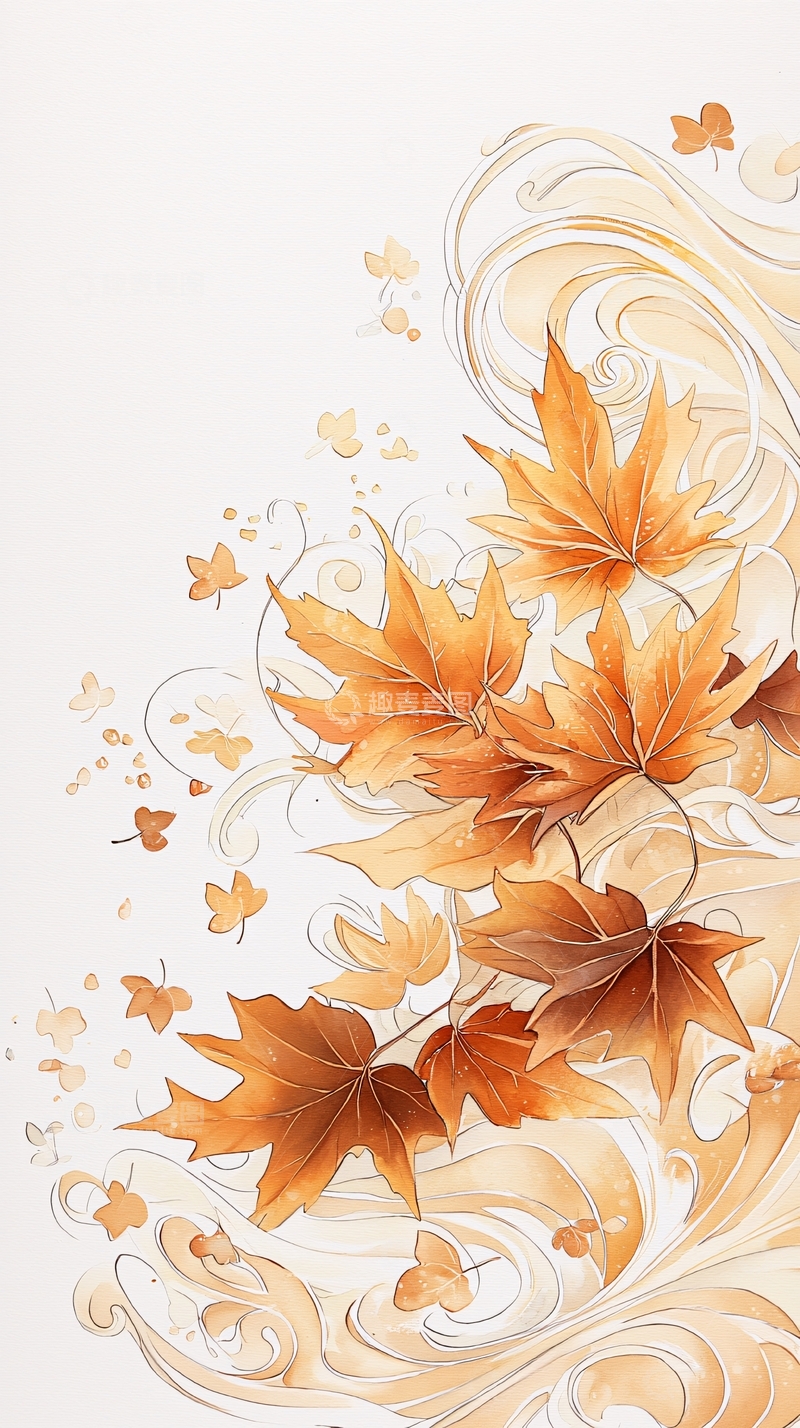 高清大图下载【趣麦麦图】秋叶飘舞艺术插画背景