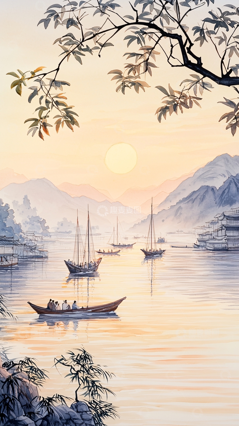 高清大图下载【趣麦麦图】夕阳下的山水画风景