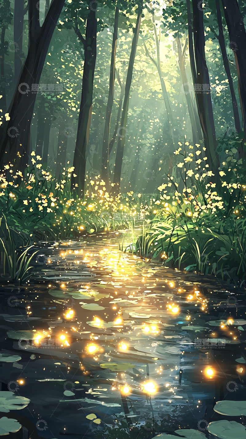 高清大图下载【趣麦麦图】梦幻森林中的萤火虫小径
