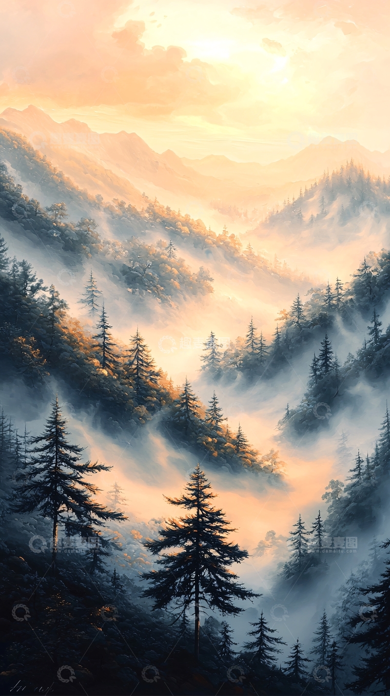 高清大图下载【趣麦麦图】晨雾中的森林山脉