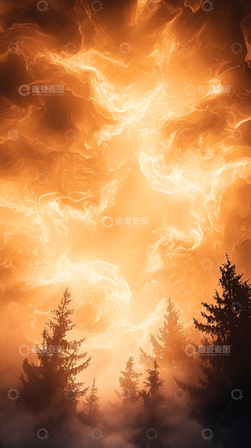 高清大图下载【趣麦麦图】森林中的火焰天空