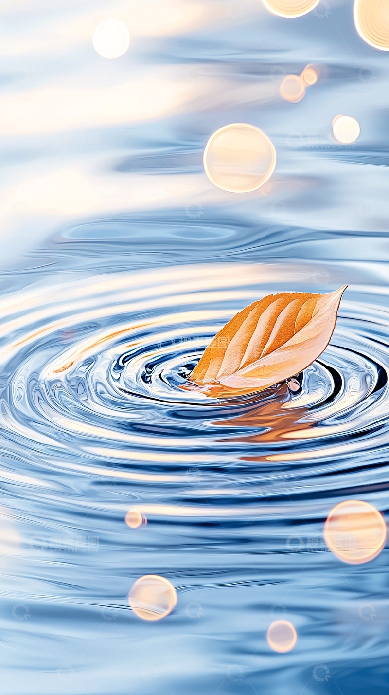 高清大图下载【趣麦麦图】秋叶落入水中波纹荡漾