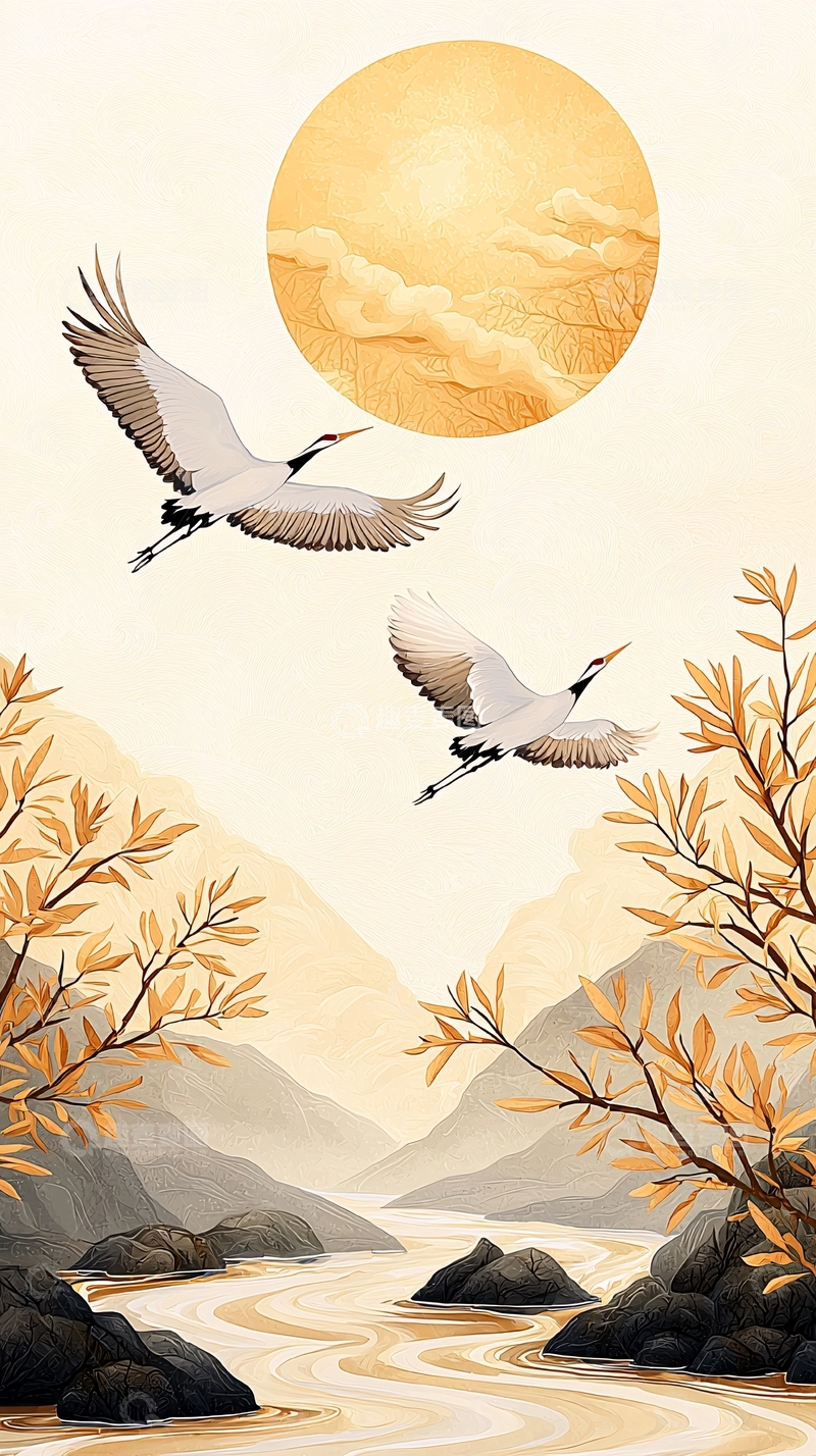 高清大图下载【趣麦麦图】秋日山河鹤舞图