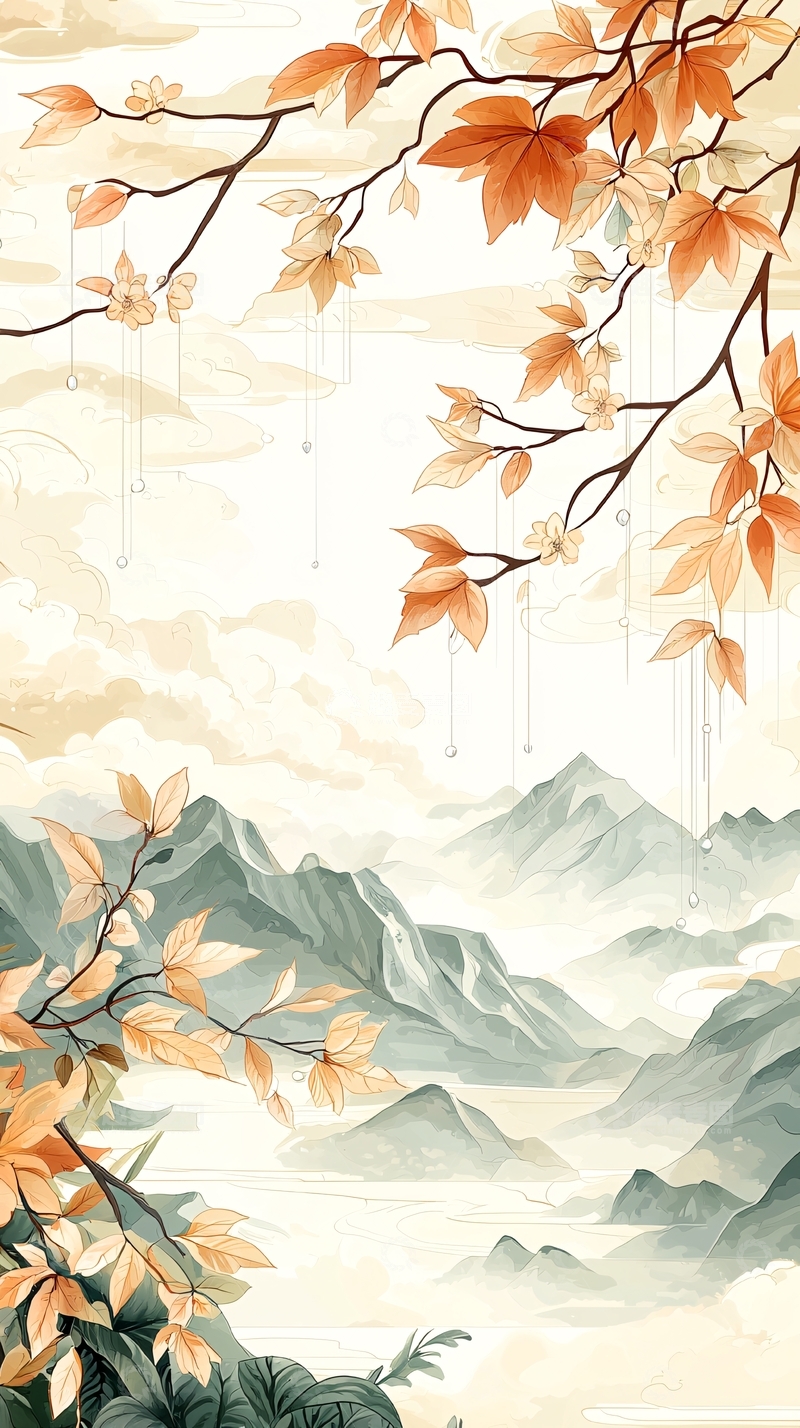 高清大图下载【趣麦麦图】秋日山川风景插画