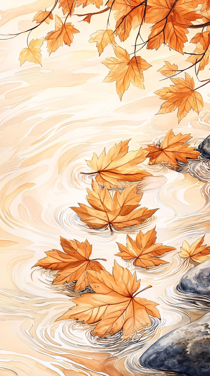 高清大图下载【趣麦麦图】秋叶漂浮在水面上