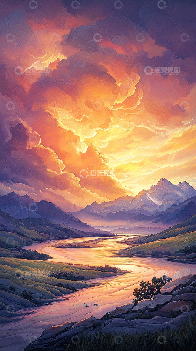 高清大图下载【趣麦麦图】夕阳下的山脉河流风景