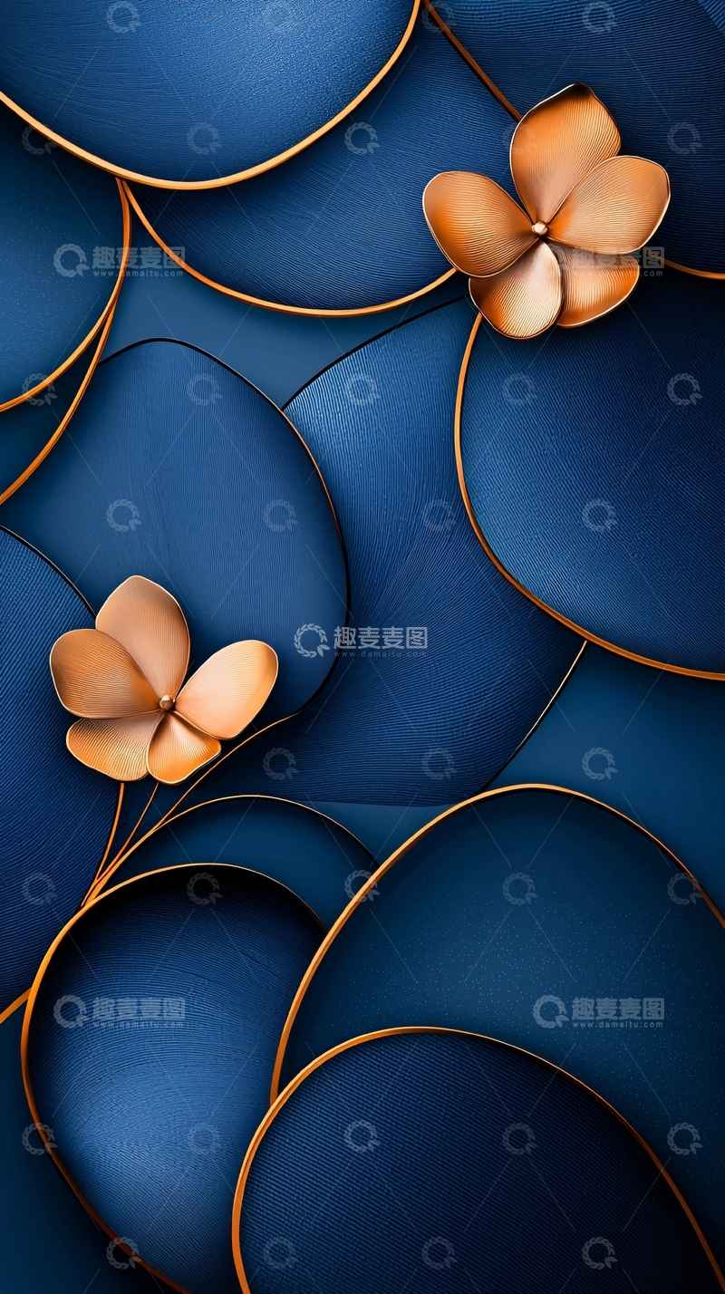 高清大图下载【趣麦麦图】蓝色背景金色花朵抽象图案