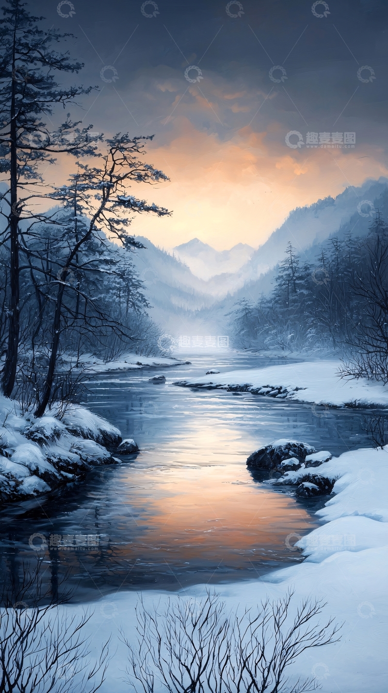 高清大图下载【趣麦麦图】冬日雪景河流山峦