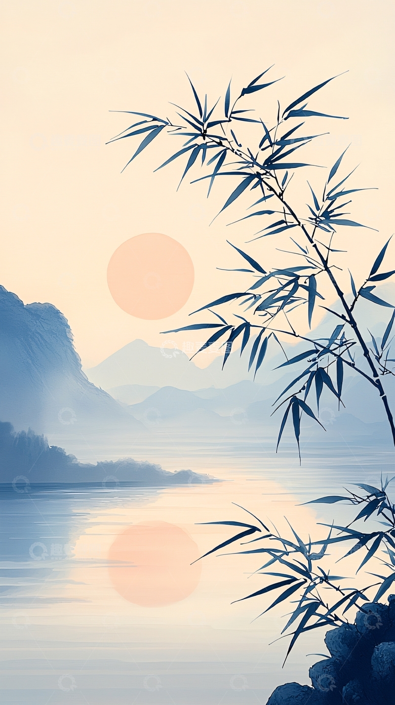 高清大图下载【趣麦麦图】晨曦竹影湖光山色