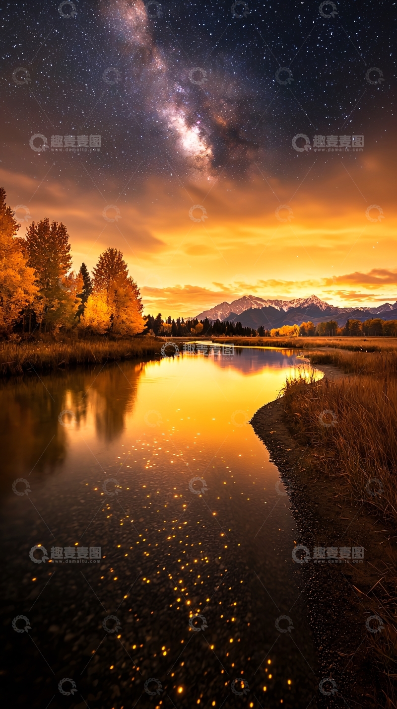 高清大图下载【趣麦麦图】秋夜星空下的河流风景