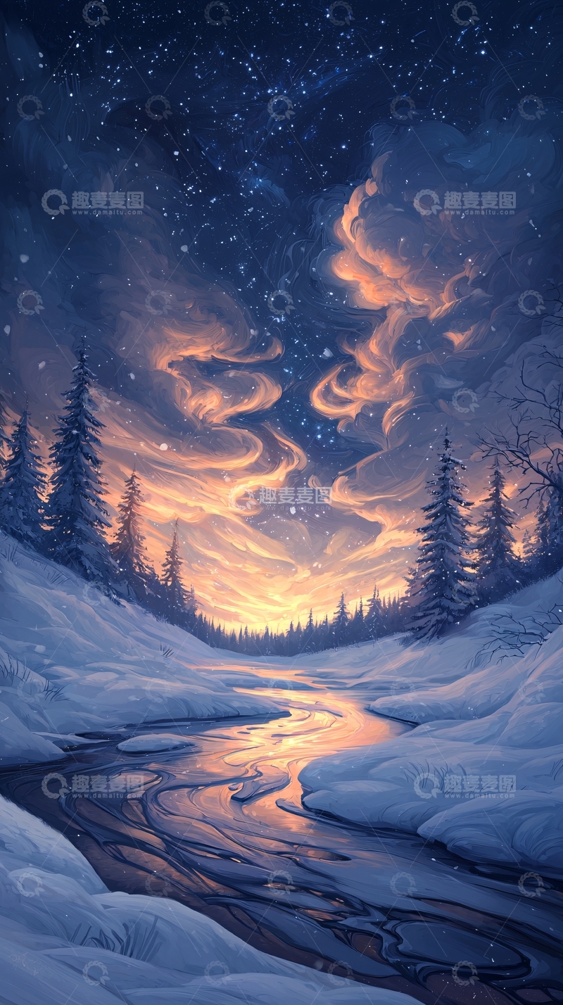 高清大图下载【趣麦麦图】冬夜星河下的雪景