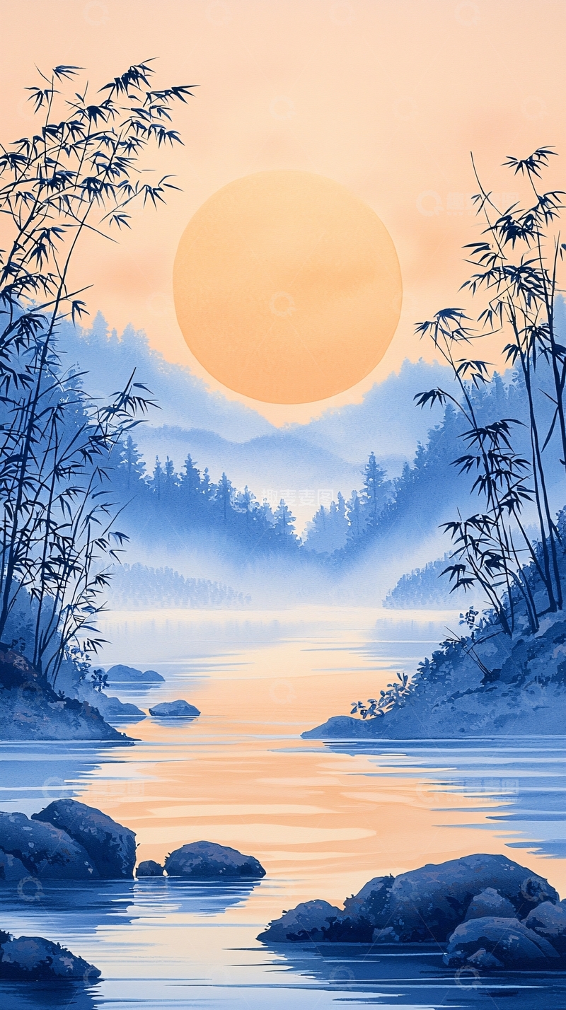 高清大图下载【趣麦麦图】晨曦湖畔竹影图