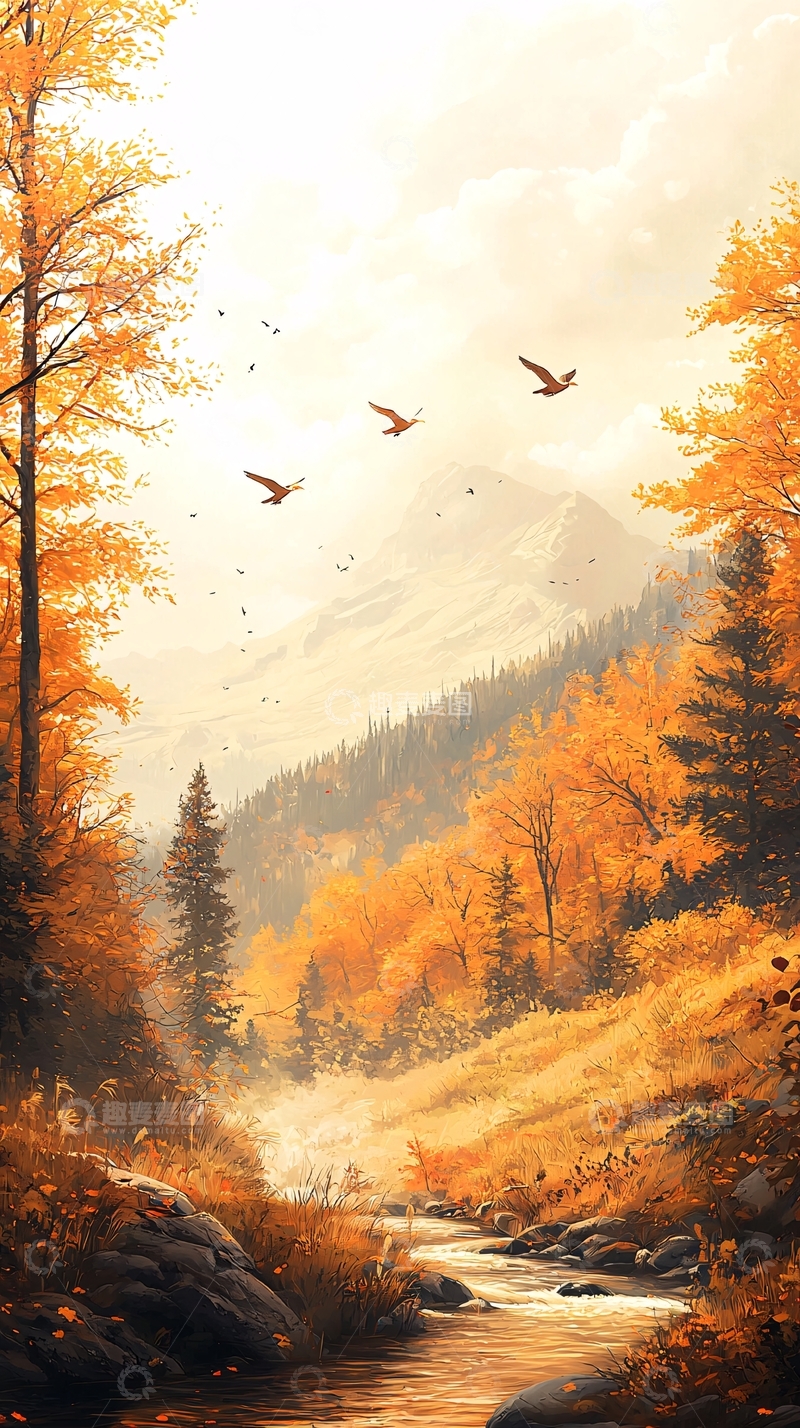 高清大图下载【趣麦麦图】秋日山间溪流鸟瞰图