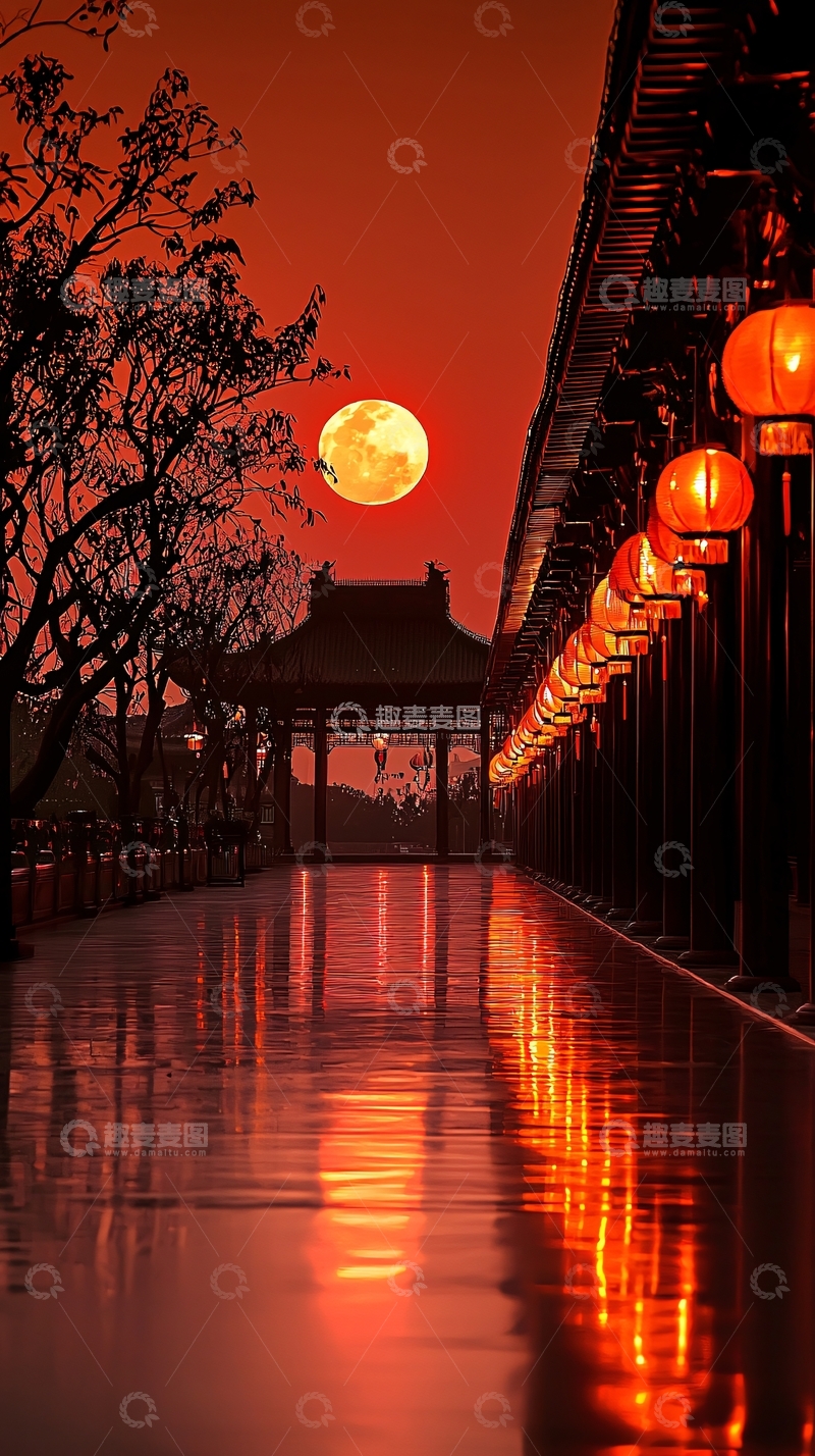 高清大图下载【趣麦麦图】古街红灯映月夜