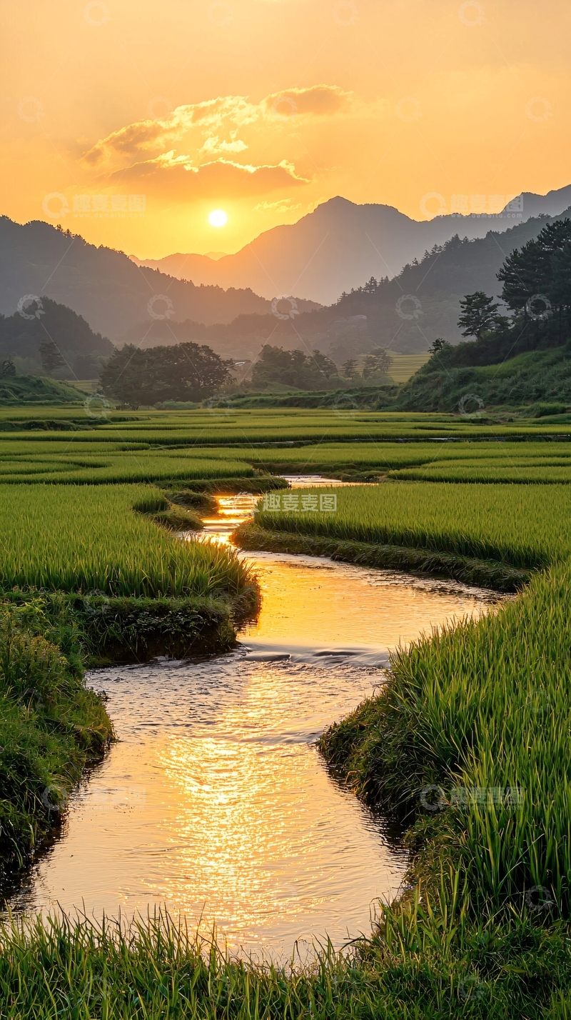 高清大图下载【趣麦麦图】夕阳下的稻田与小溪