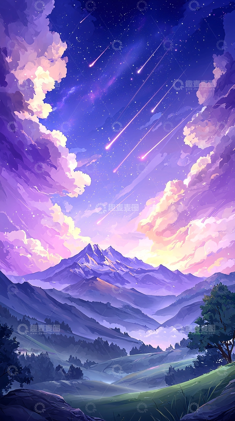 高清大图下载【趣麦麦图】流星雨下的山川夜景