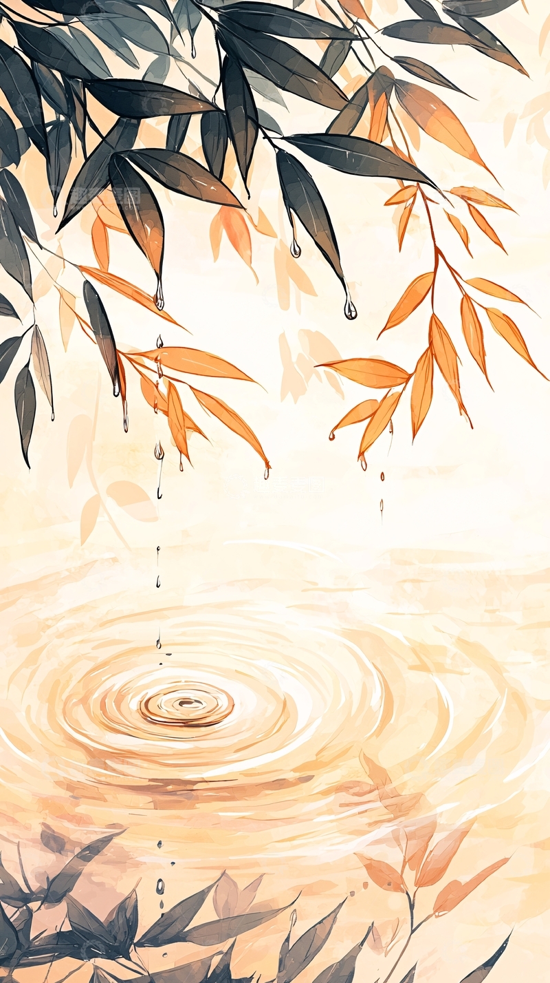 高清大图下载【趣麦麦图】秋叶滴水涟漪背景图