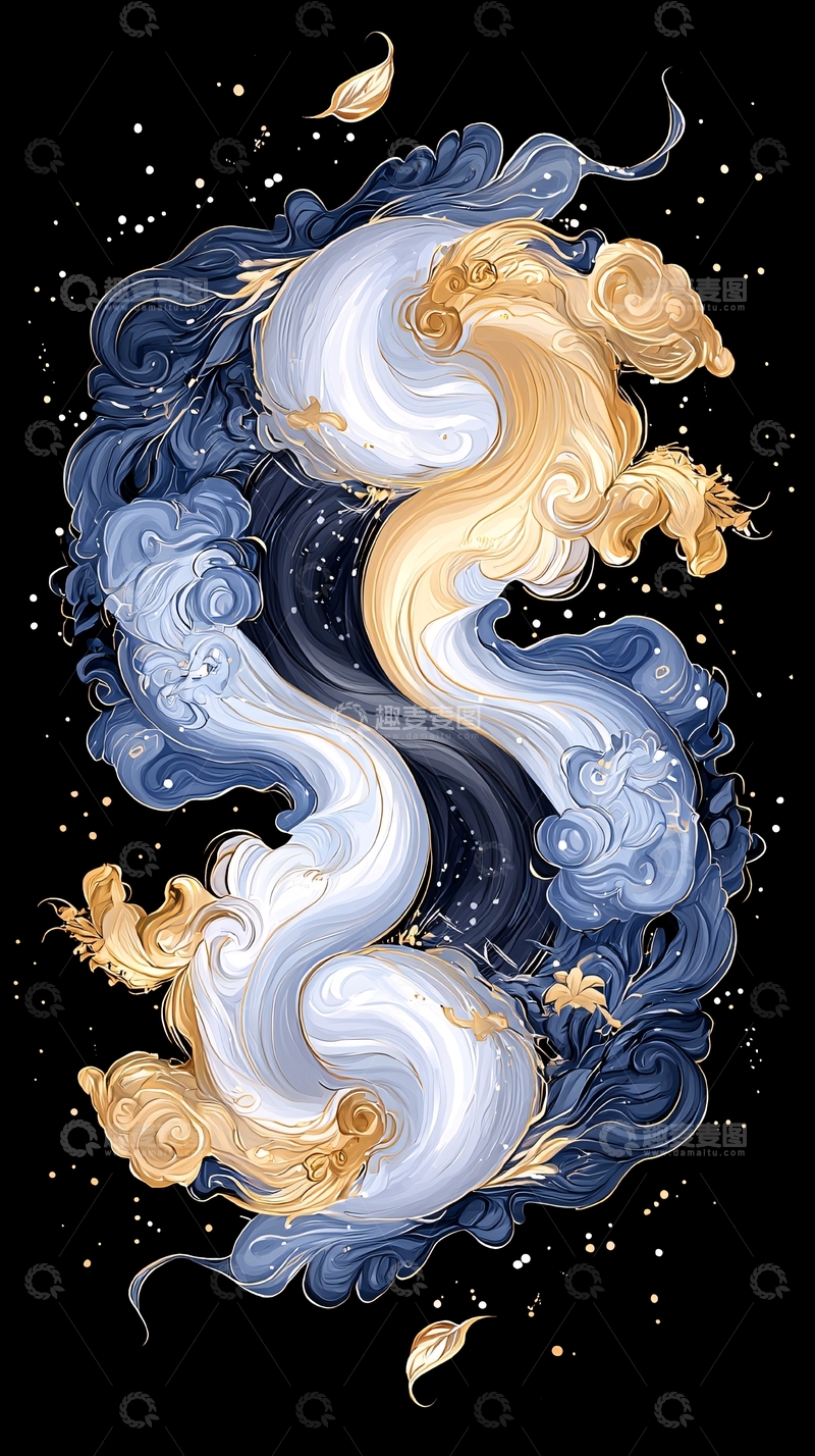 高清大图下载【趣麦麦图】金色祥云与蓝色流云交织